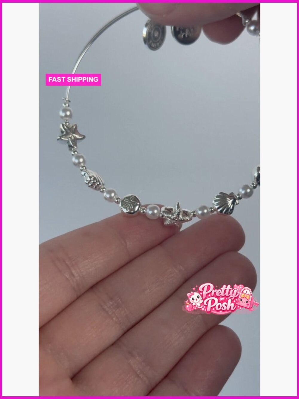 Nickel-Free Brass Bangle Bracelet with Beaded Chain - Picture 4 of 4